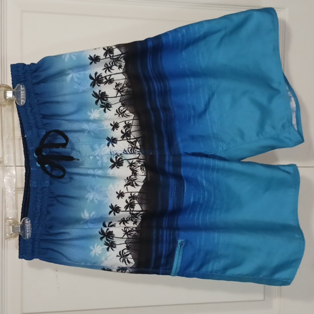Burnside swim trunks board shorts - L - blues - ocean palm trees